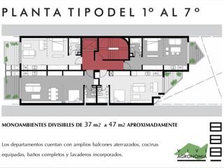 Monoambiente divisible, Piso 4°D, 37,5 m2 total,  c/balcón al cfte, Agronomía.