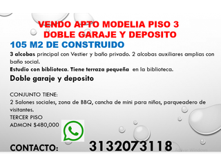 VENDO APTO MODELIA  105 MTS MAS GARAJE DOBLE Y DEPOSITO