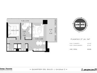 Tres ambientes en el 19 piso, con dos cochera en venta en Quartier del Bajo , Torre 1