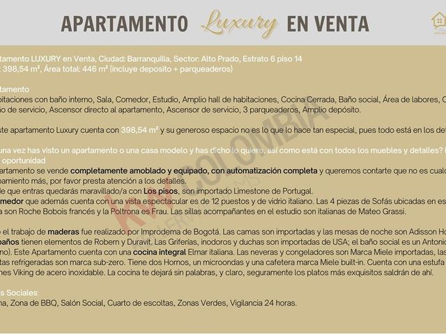 Apartamento LUXURY en Venta, completamente amoblado, en Alto prado-7901