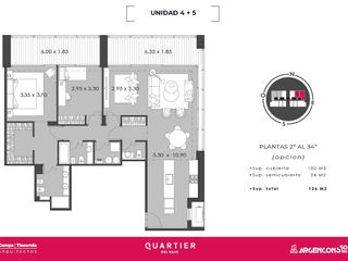 3 ambientes en venta con cochera en el piso 2 en Quartier Del Bajo  - Puerto Madero.