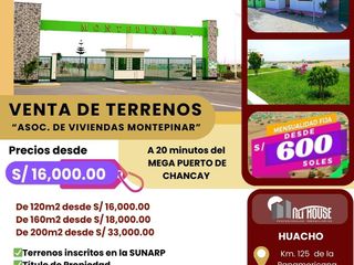 Foto 1 de SE VENDE TERRENOS DE 120 m2, 160 m2 y 200 m2 EN HUACHO DESDE S/ 16,000.00.
