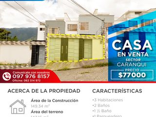 Foto 1 de CASA EN VENTA EN CARANQUI CALLE LOS QUITUS, IBARRA