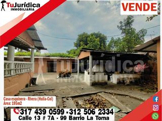 SE VENDE HERMOSA CASA LOTE ESQUINERA - RIVERA (HUILA-COL)